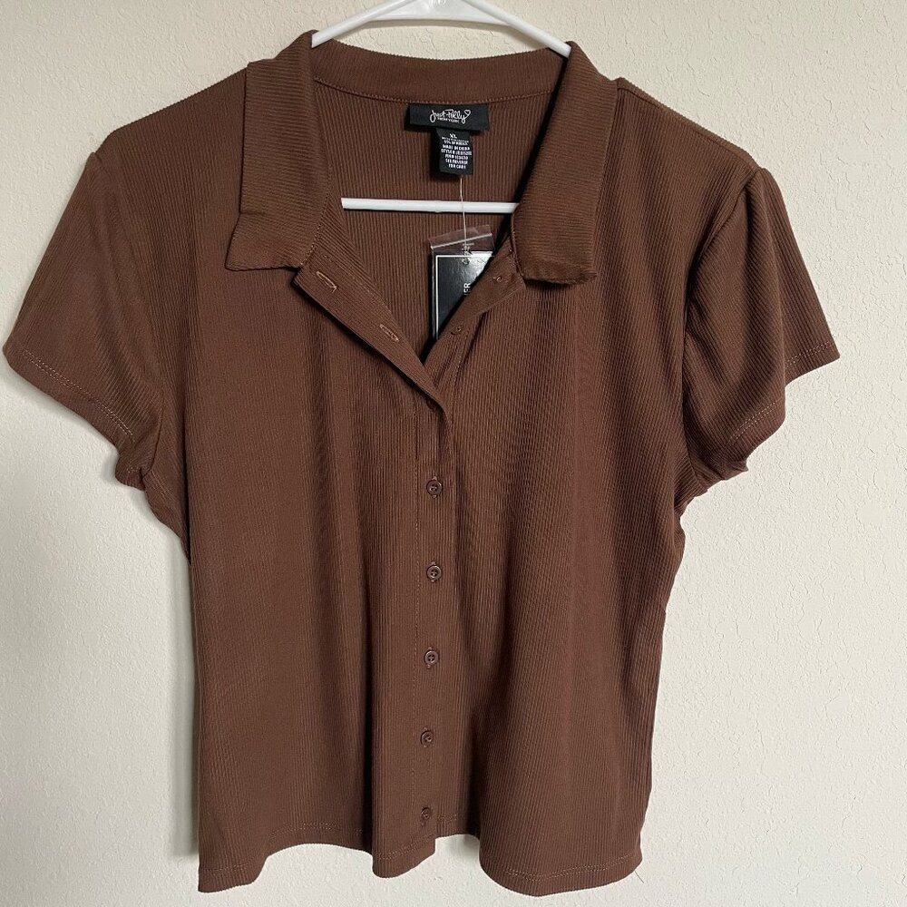 Just Polly Brown Slinky Cropped Ruched Polo Shirt XL, NWT, NEW
